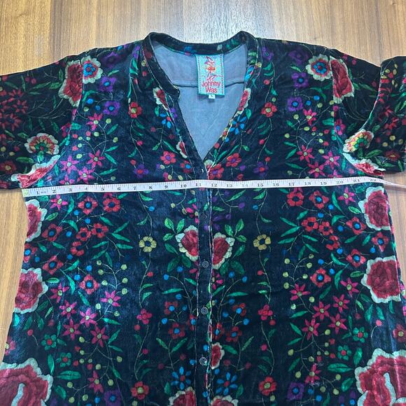 Johnny Was Black/Red Floral Velvet Tunic Button Top, Silk Blend, size Large - Picture 4 of 12